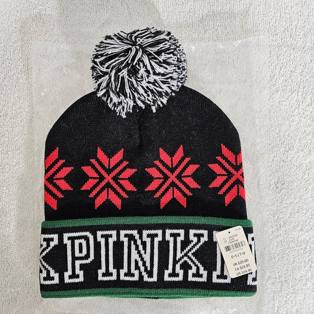 Victoria's Secret PINK Snowflake Beanie Winter Hat w Pom Pom Black Red Green New - Picture 2 of 5